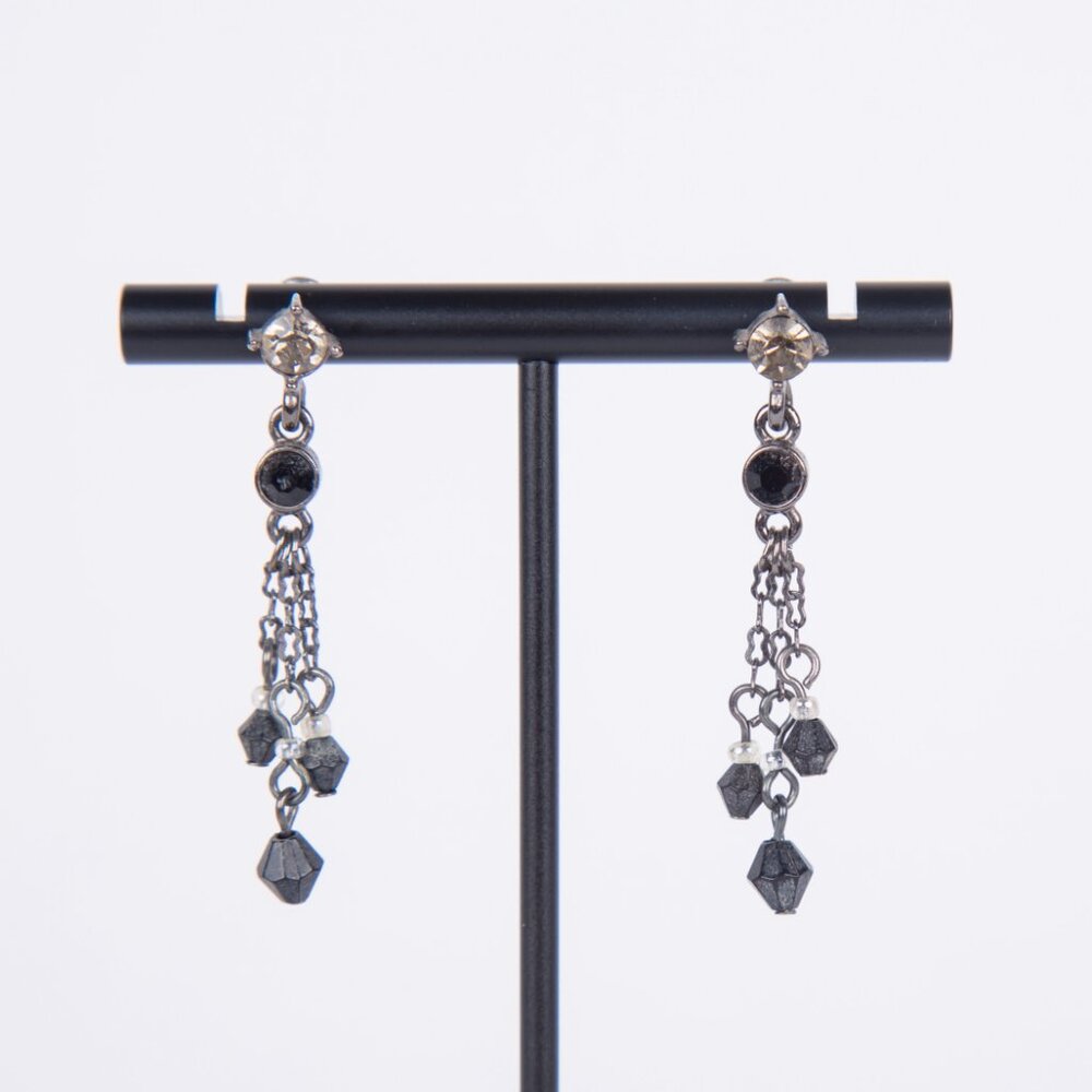 VINTAGE 1980's ART DECO 1940's STYLE RHINESTONE AND BLACK BEAD DROP EARRINGS